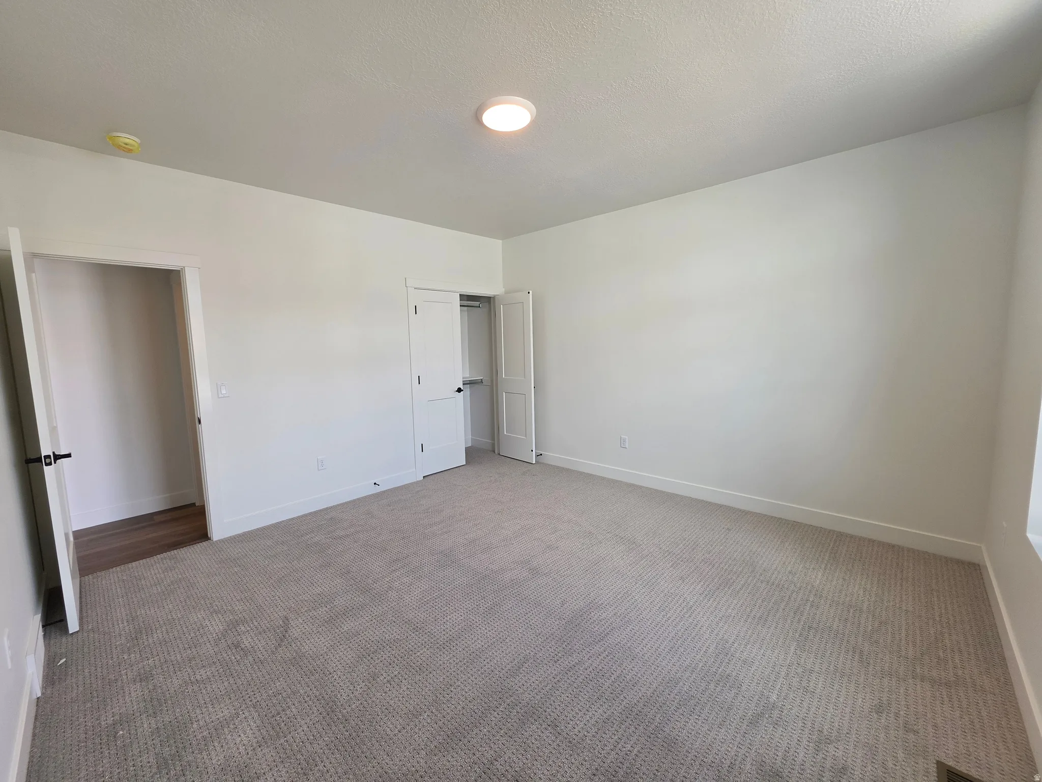 Spacious room featuring neutral carpeting, white walls, and a modern ceiling light fixture