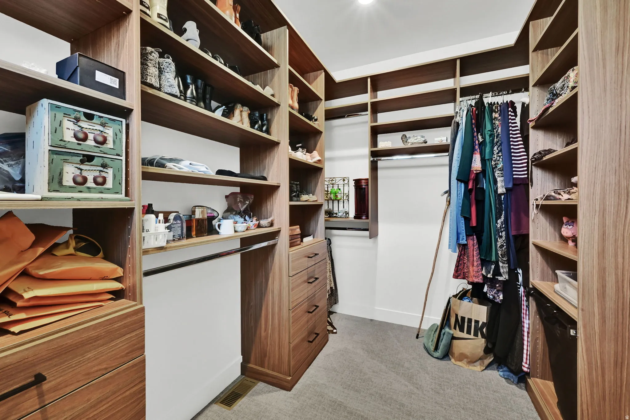 Walk in closet with light colored carpet
