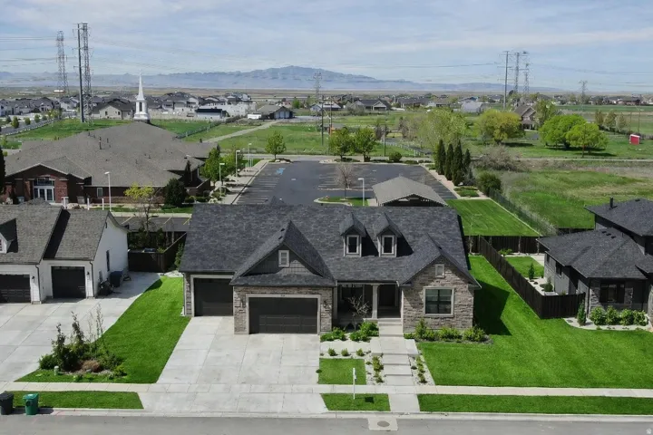 Aerial view of residential area with mountains