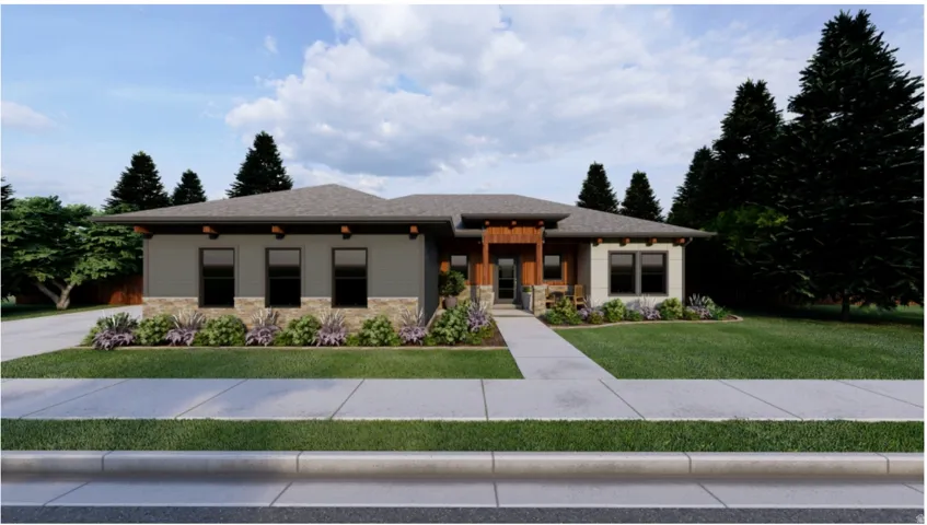 Prairie-style home with stone siding, a front yard, covered porch, driveway, and a shingled roof