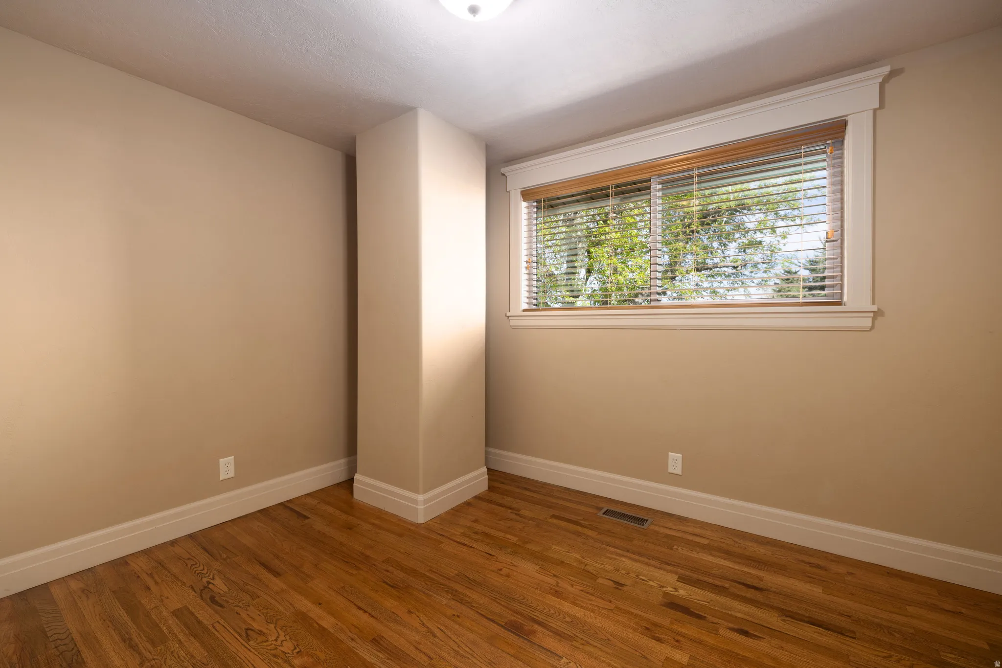 Unfurnished room with baseboards and dark wood-type flooring