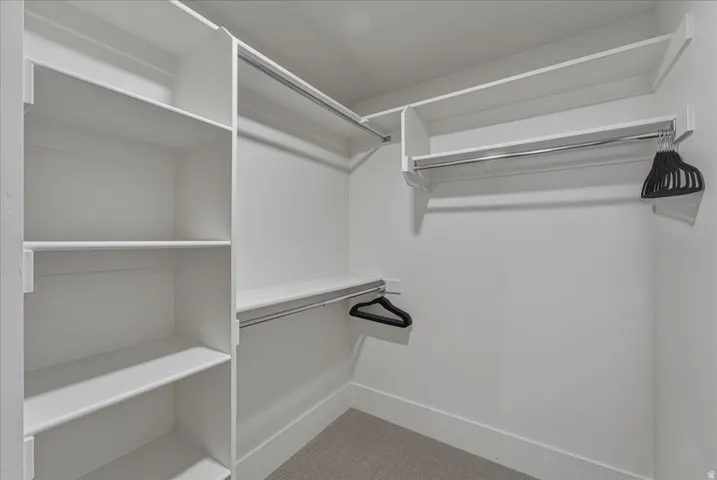 Walk in closet featuring light carpet