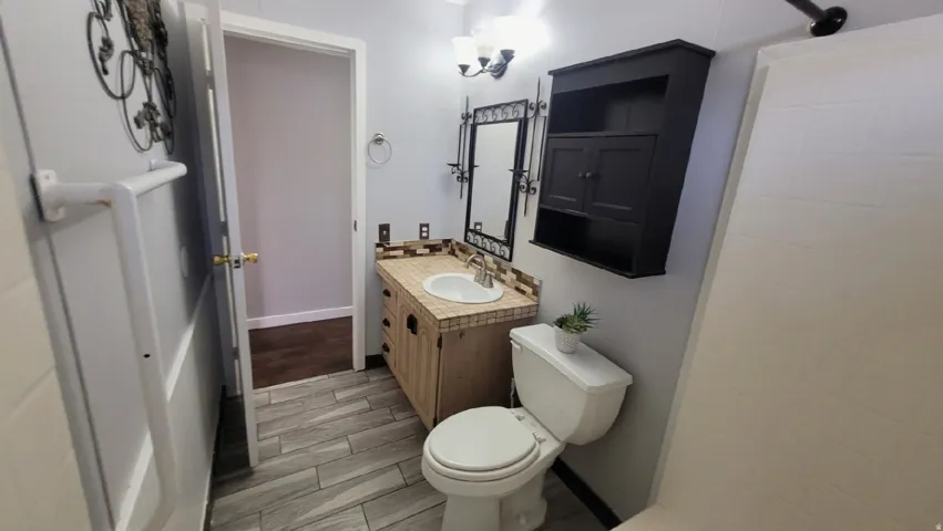 Bathroom with vanity, wood tiled floors, and a shower