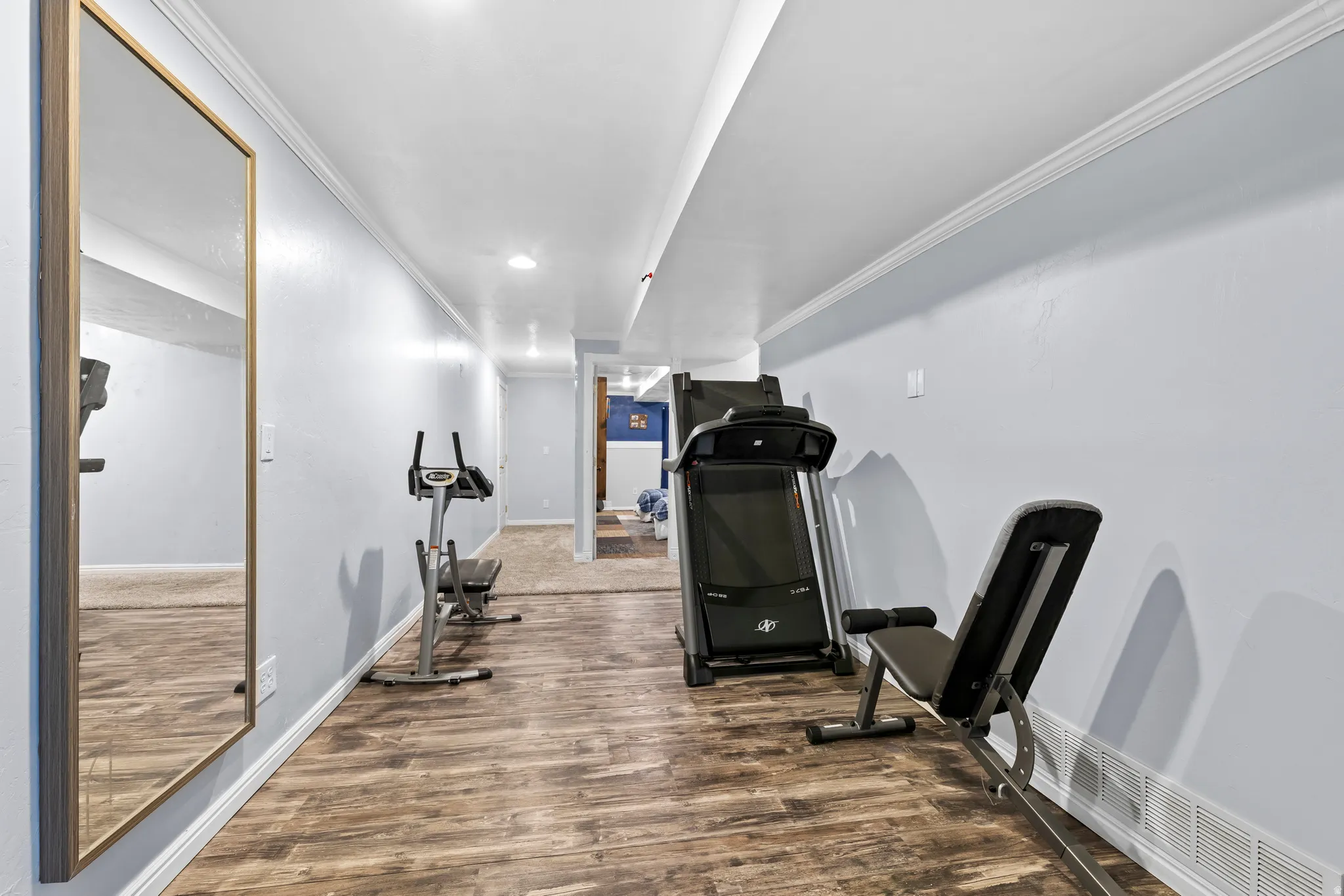 Workout room with crown molding, LVP flooring, and recessed lighting