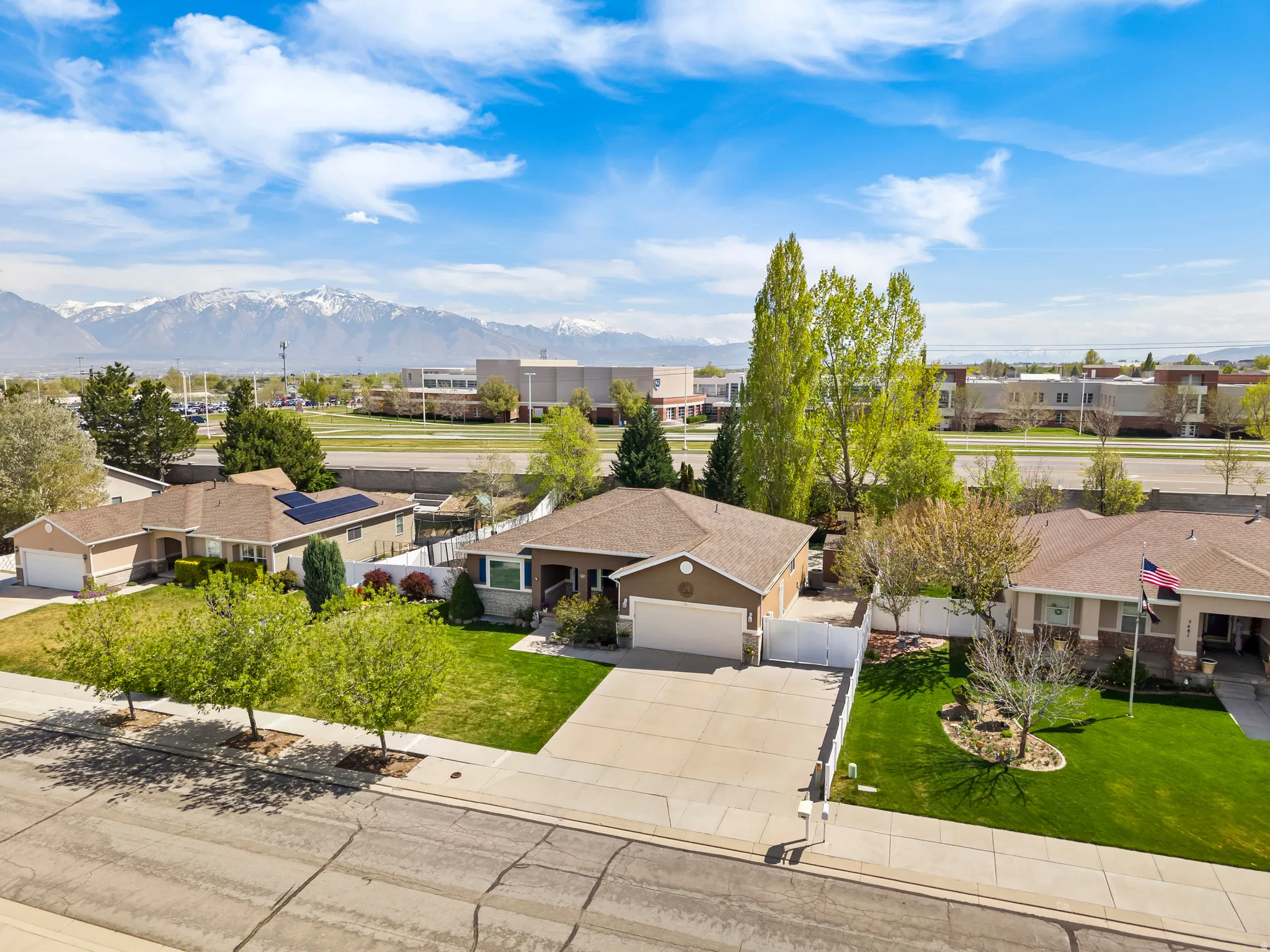 Aerial perspective of suburban area with mountains