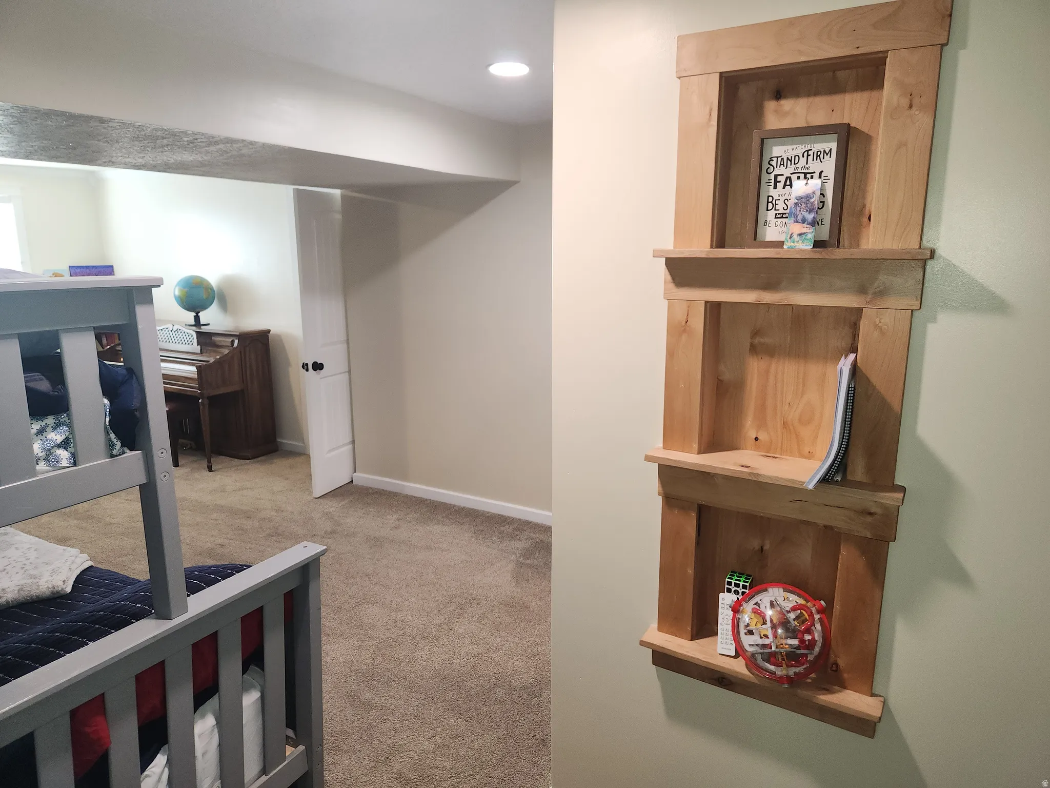 Bedroom featuring light colored carpet and recessed lighting