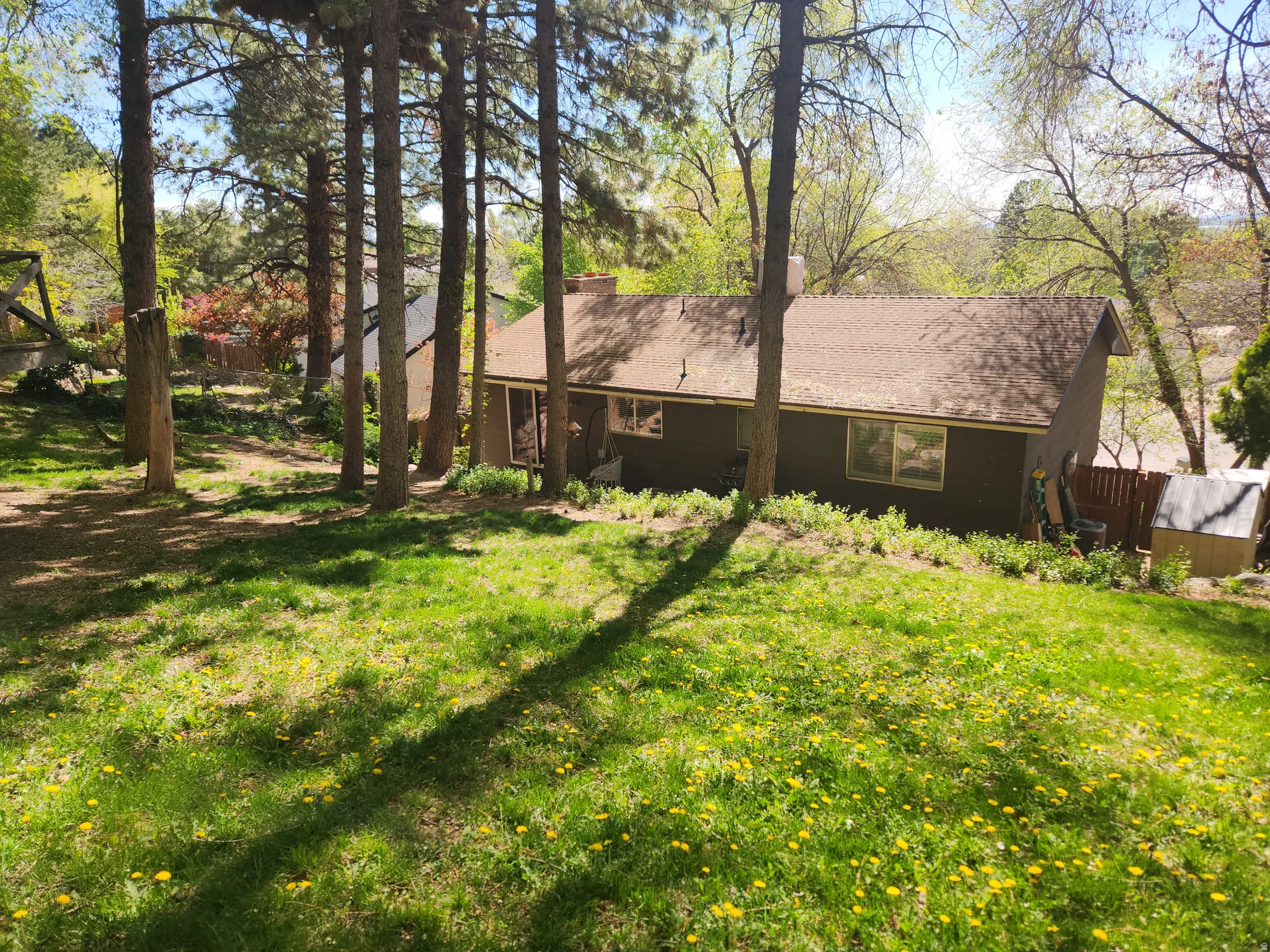 Back of property featuring a chimney and roof with shingles