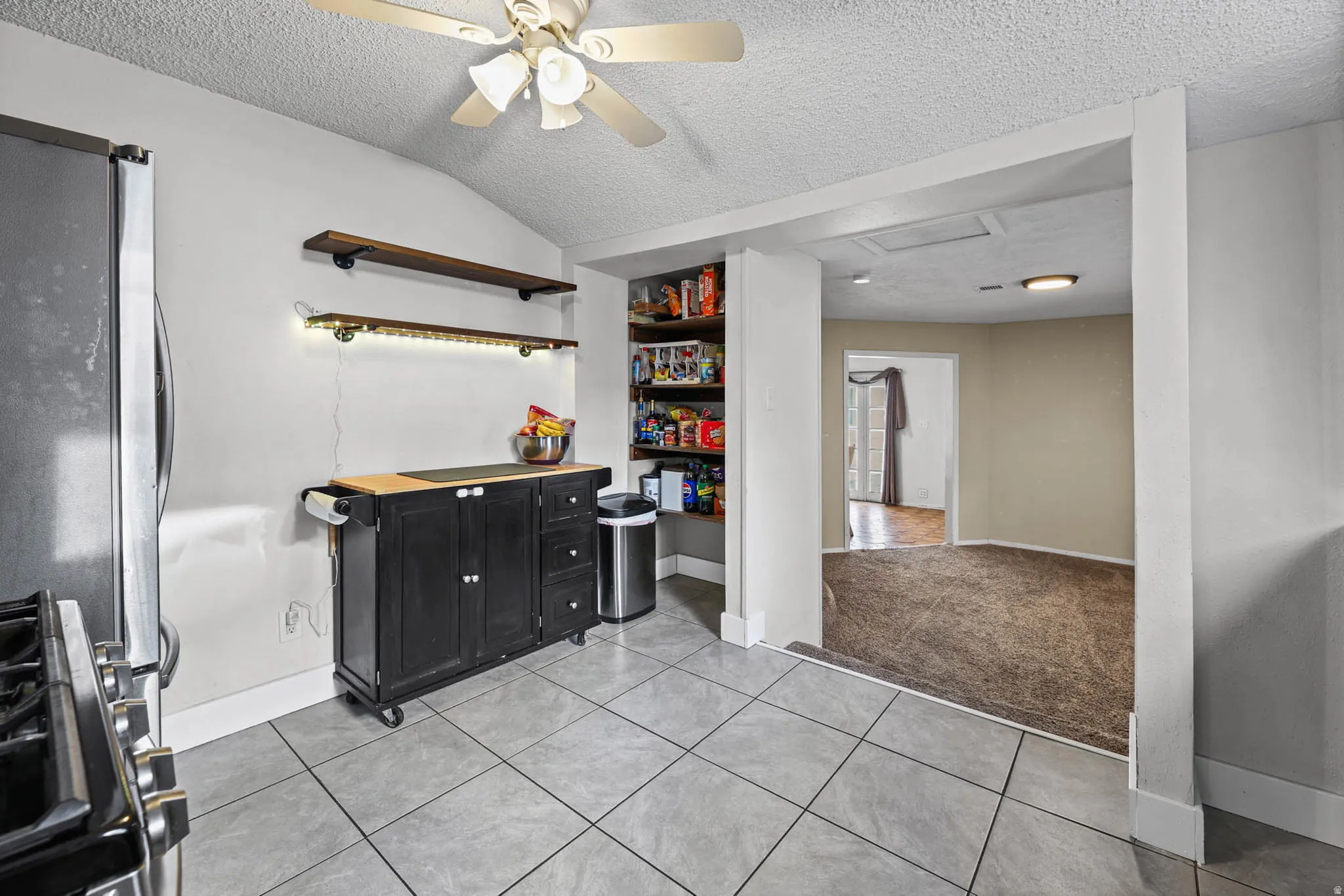 Kitchen with a ceiling fan, dark cabinets, stainless steel appliances, a textured ceiling, and light tile patterned floors