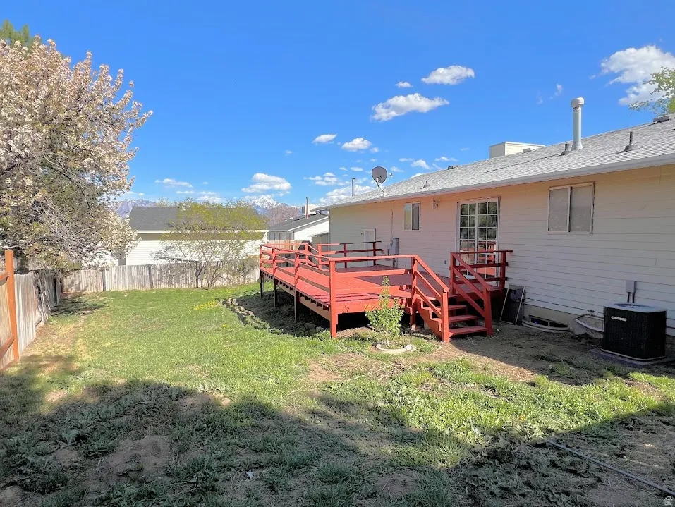 Rear view of house with a deck and a fenced backyard