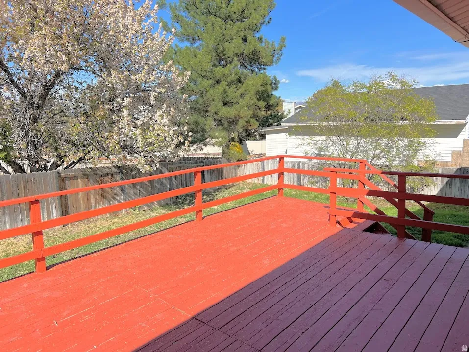 Wooden terrace with a fenced backyard