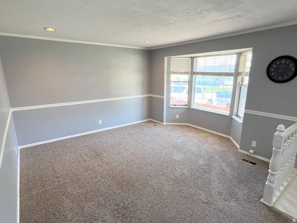 Spare room featuring carpet floors and ornamental molding