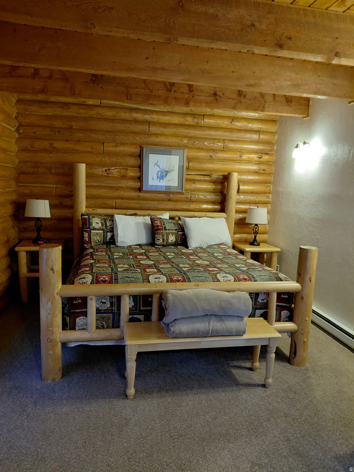 Carpeted bedroom featuring log walls and a baseboard radiator