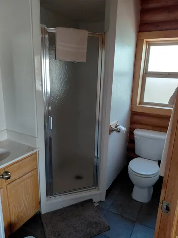 Full bath with log walls, vanity, a stall shower, and light tile patterned flooring