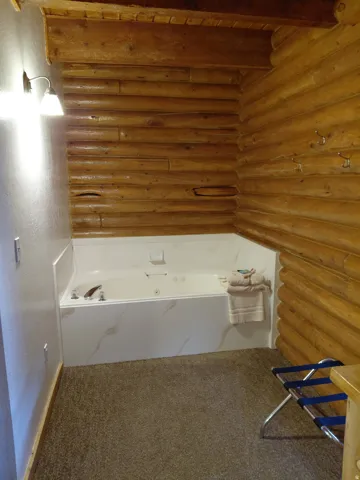 Bathroom with rustic walls, a jetted tub, carpet flooring, and beam ceiling