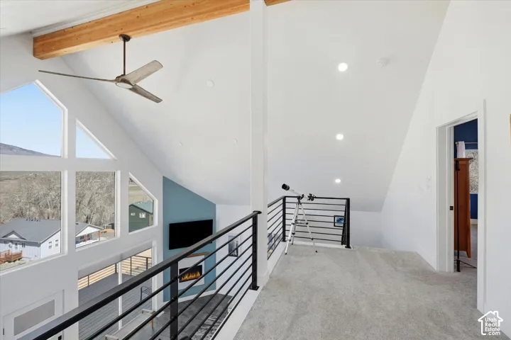Stairway featuring ceiling fan and carpet floors