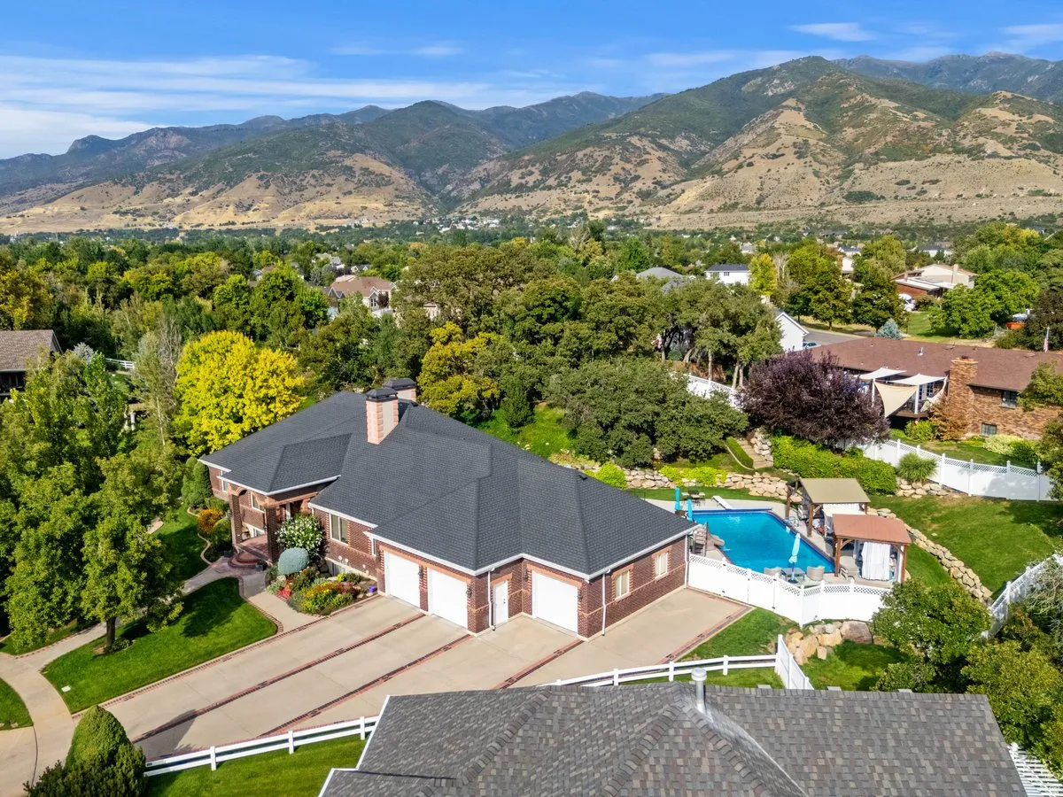 Aerial view of mountains and a pool