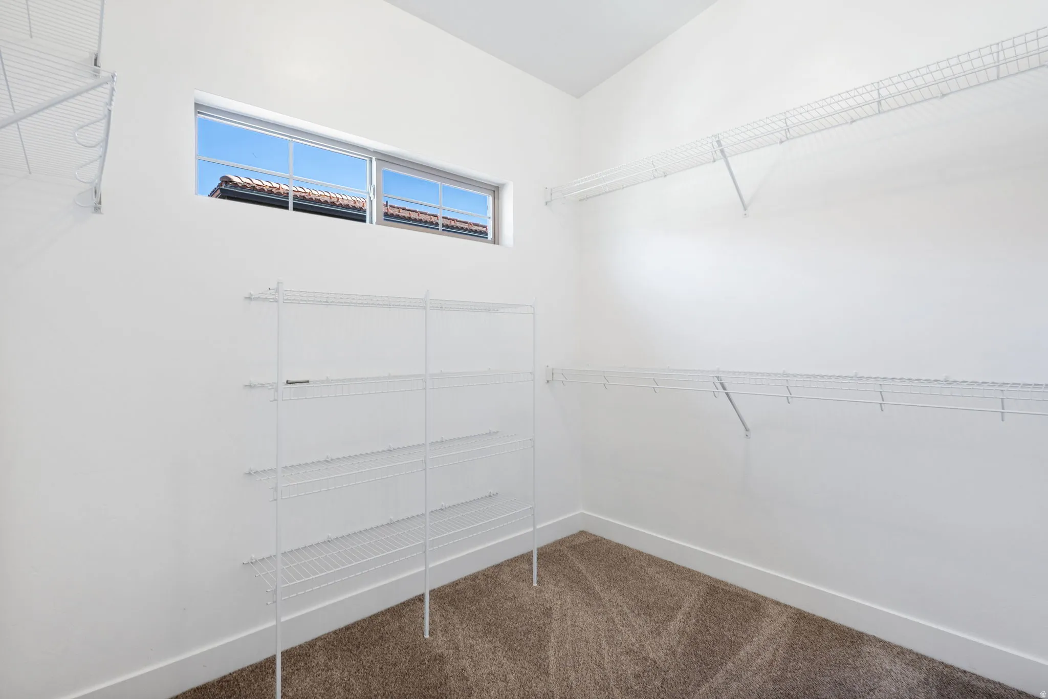 Walk in closet featuring dark colored carpet