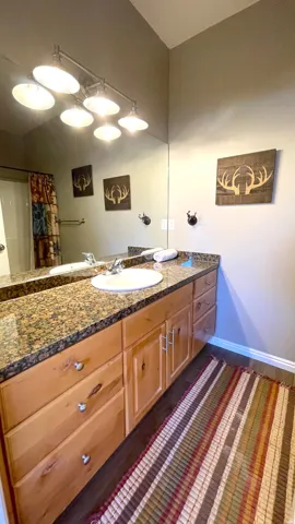 Primary suite full bath featuring vanity and curtained shower