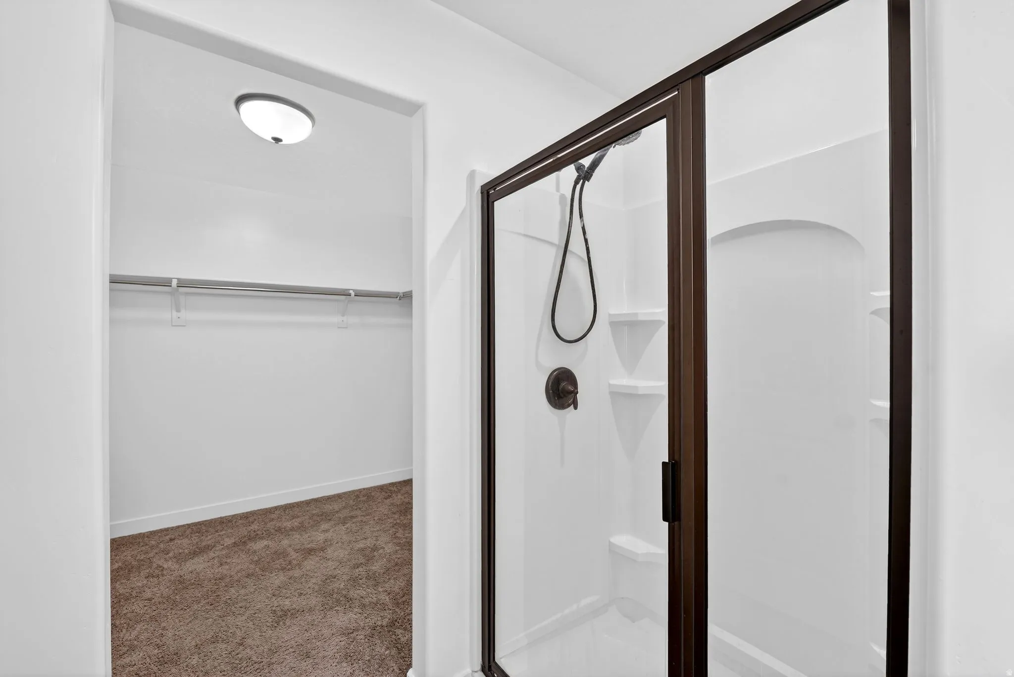 Bathroom with a walk in closet, carpet, and a stall shower
