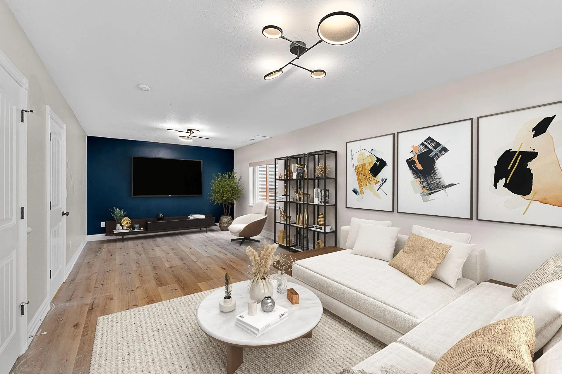 Living area featuring light wood-style floors and baseboards