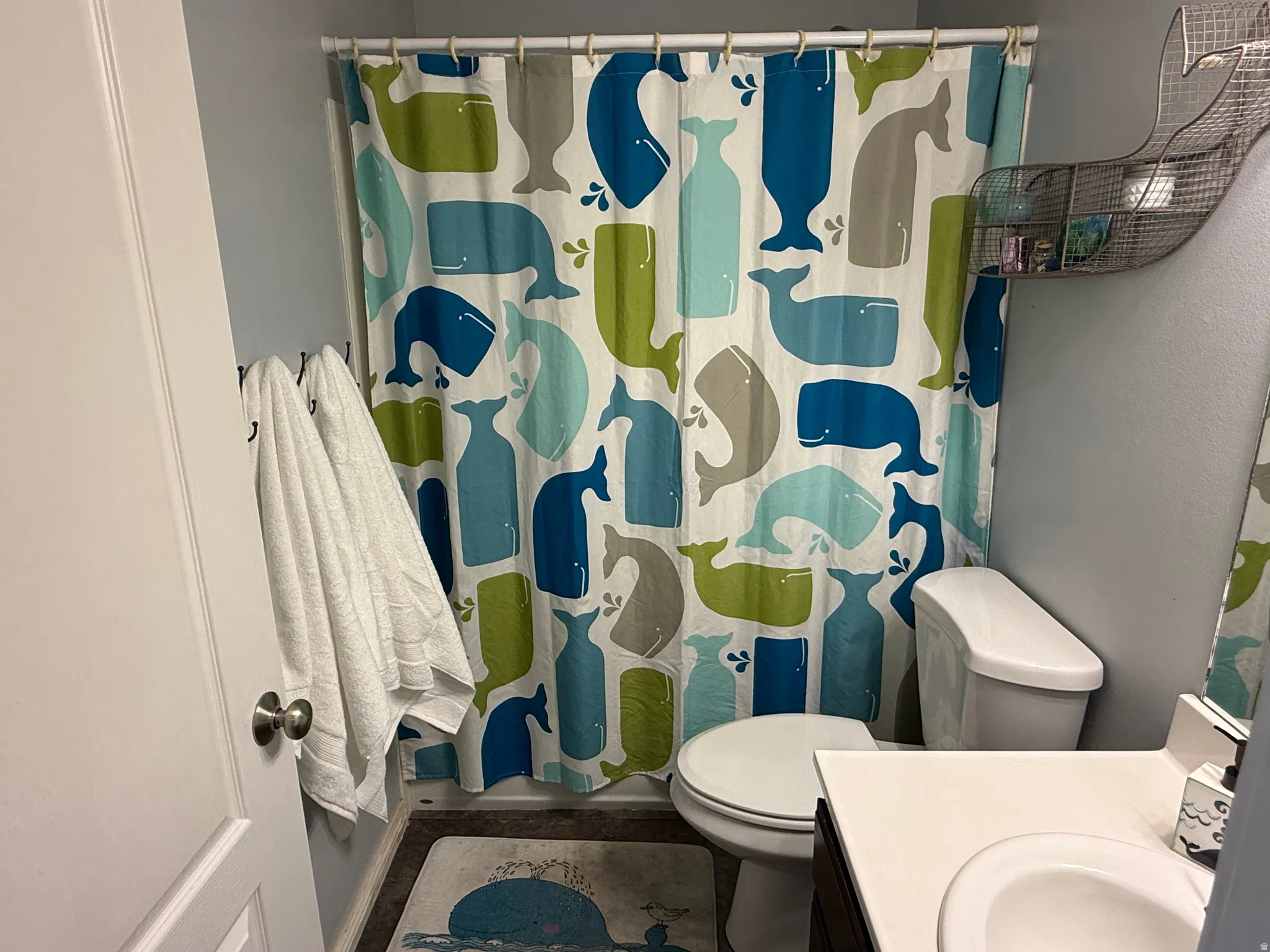 Bathroom with vanity and a shower with shower curtain