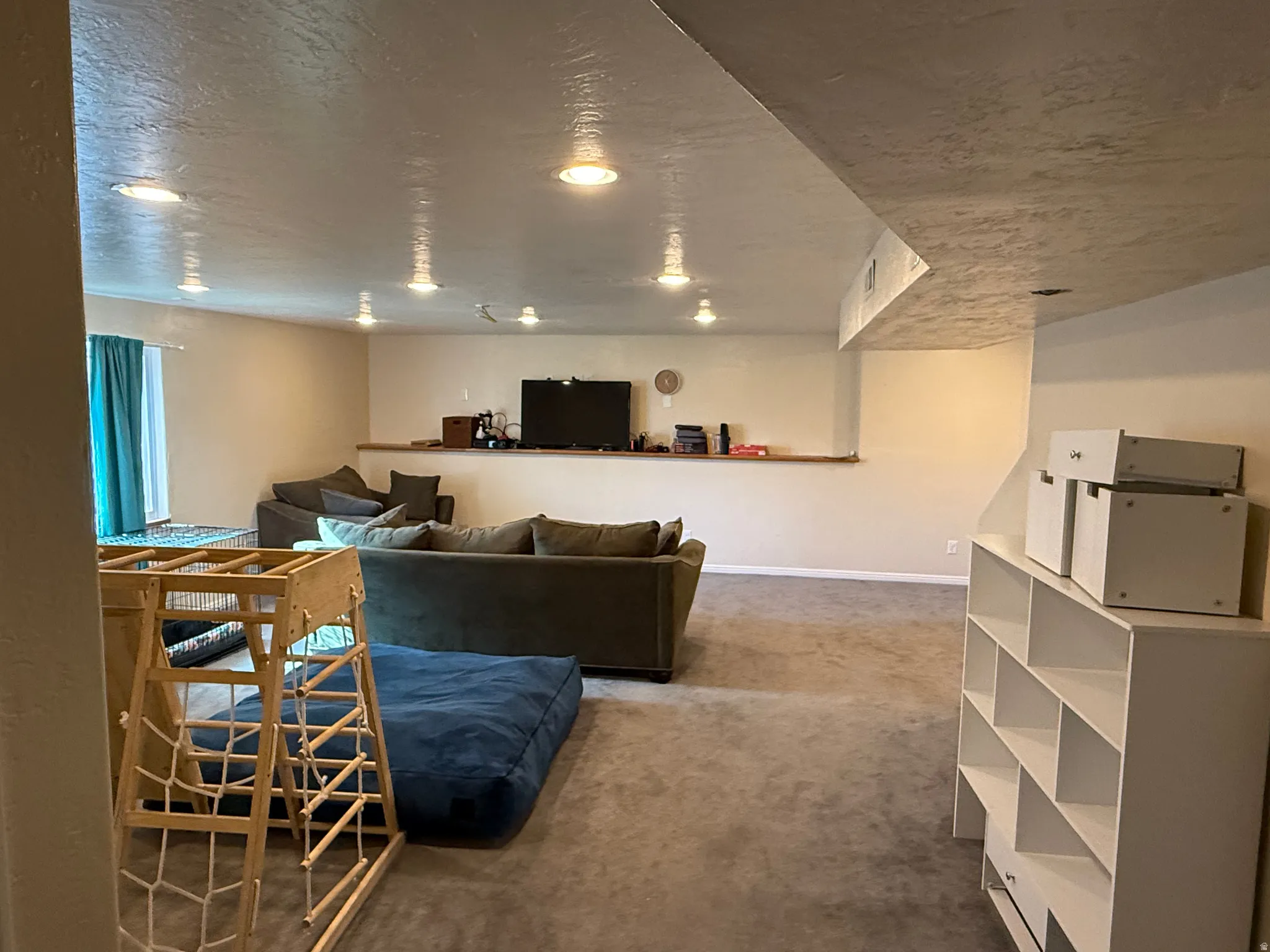 Living area with carpet floors and a textured ceiling