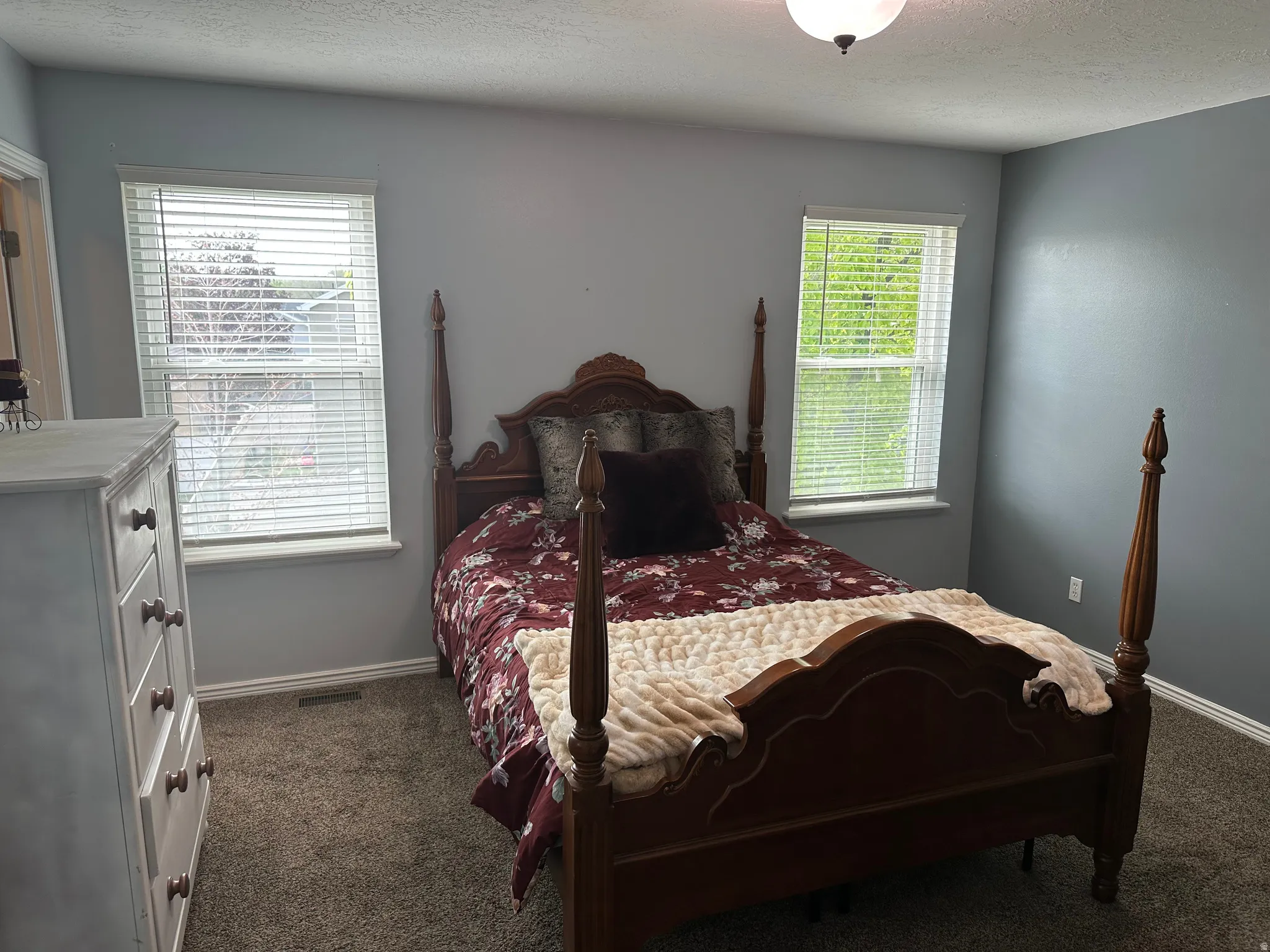 Carpeted room featuring two windows with horizontal blinds, providing natural light