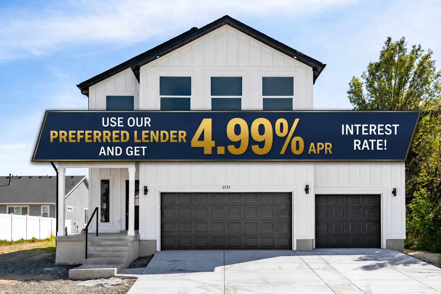 Contemporary white-sided exterior featuring a dark-toned roof and a prominent two-car garage