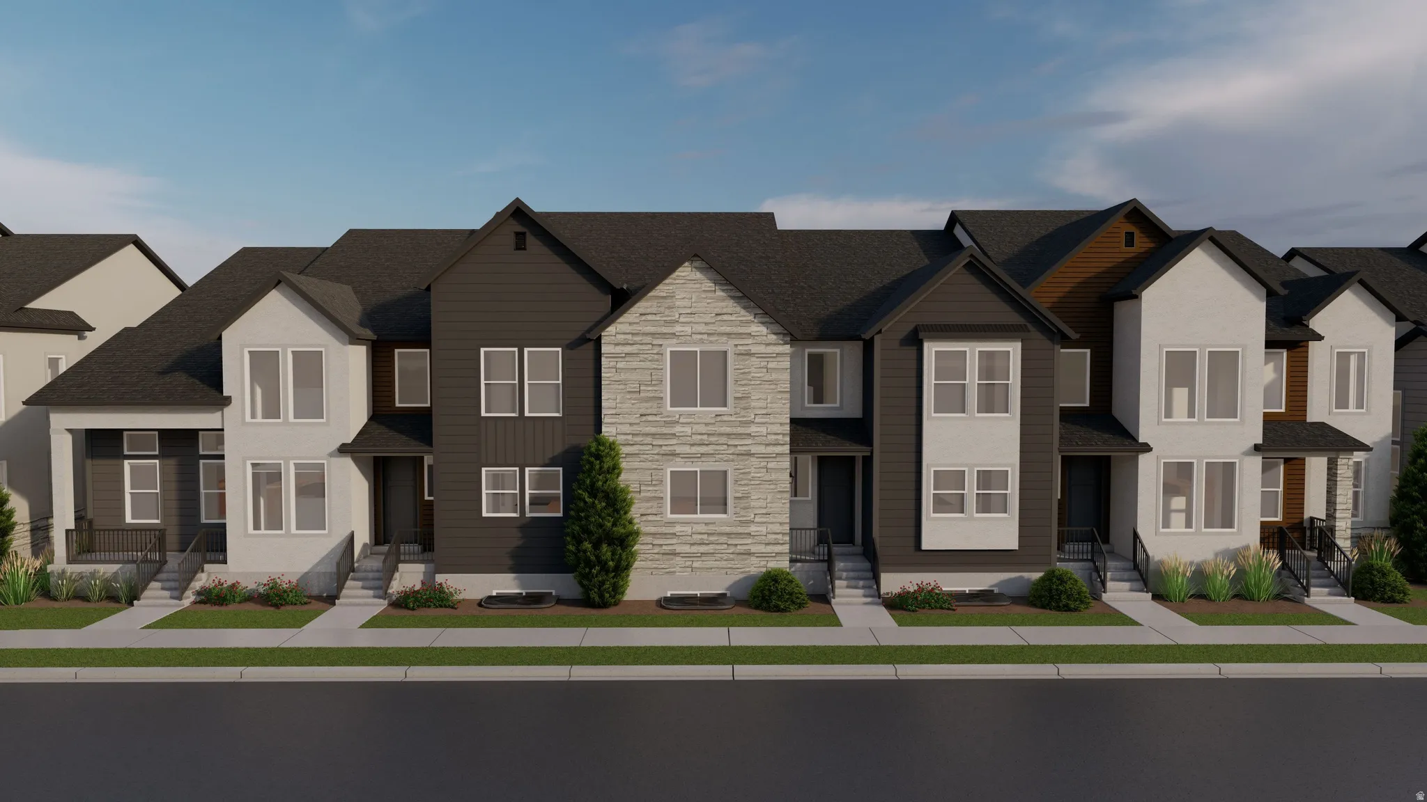 View of front of home featuring stone siding, a residential view, entry steps, and a shingled roof