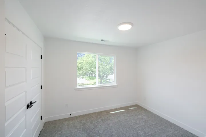 White paneled door with matte black hardware, dual pane window, flush mount ceiling light, and gray carpet flooring
