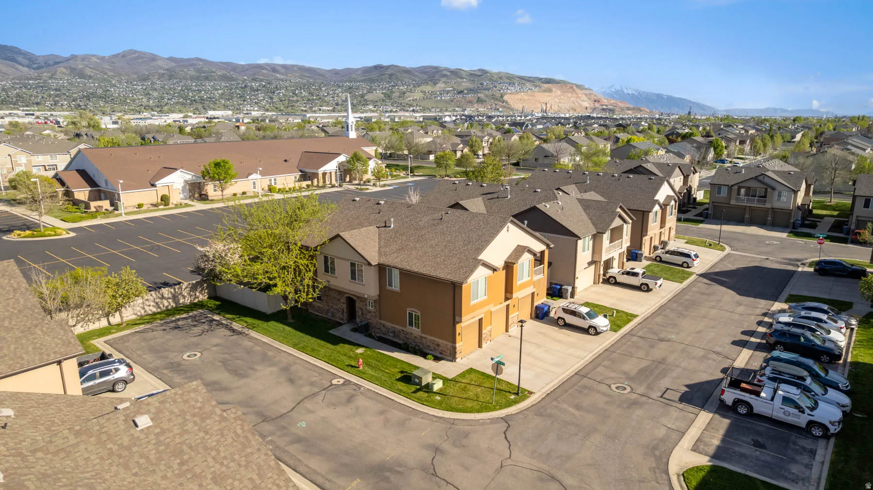 Aerial view of residential area with a mountain backdrop