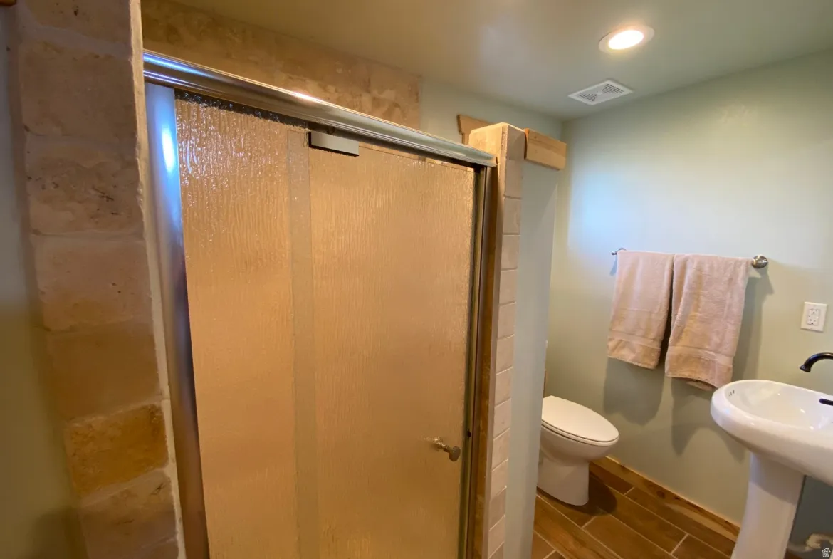 Full bathroom with a shower stall, wood tiled floors, and recessed lighting
