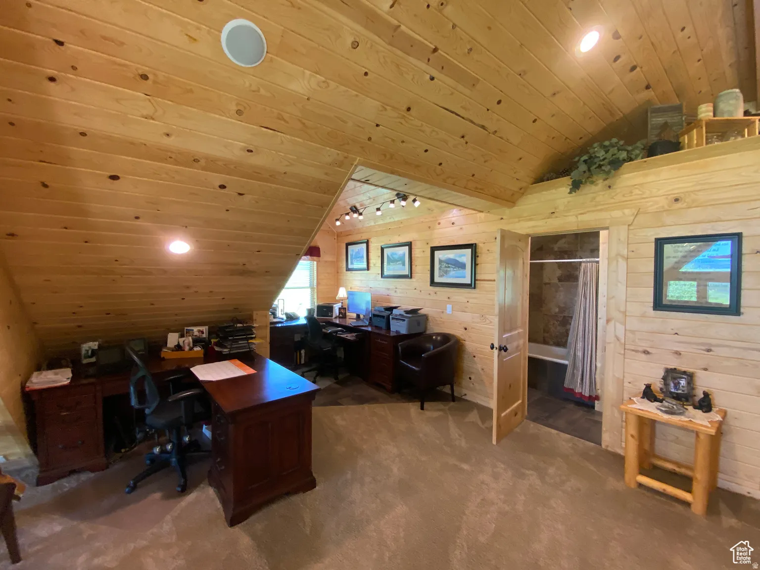 Home office featuring wooden ceiling, carpet flooring, wooden walls, and track lighting