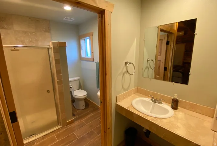 Bathroom featuring a shower stall, wood finish floors, vanity, and recessed lighting