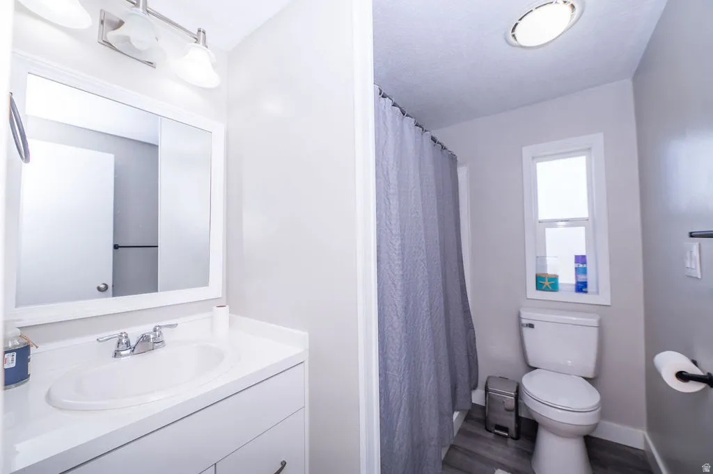 Bathroom with curtained shower, vanity, and dark wood-type flooring