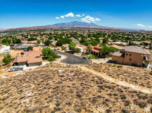 Aerial view of residential area with mountains