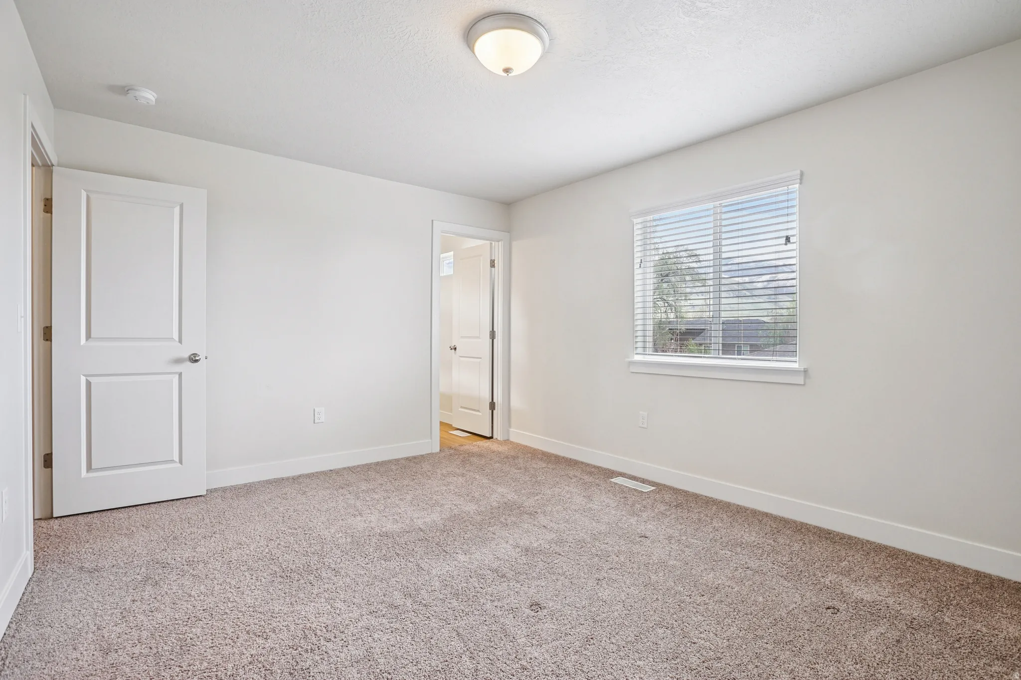 Unfurnished bedroom with baseboards and light colored carpet