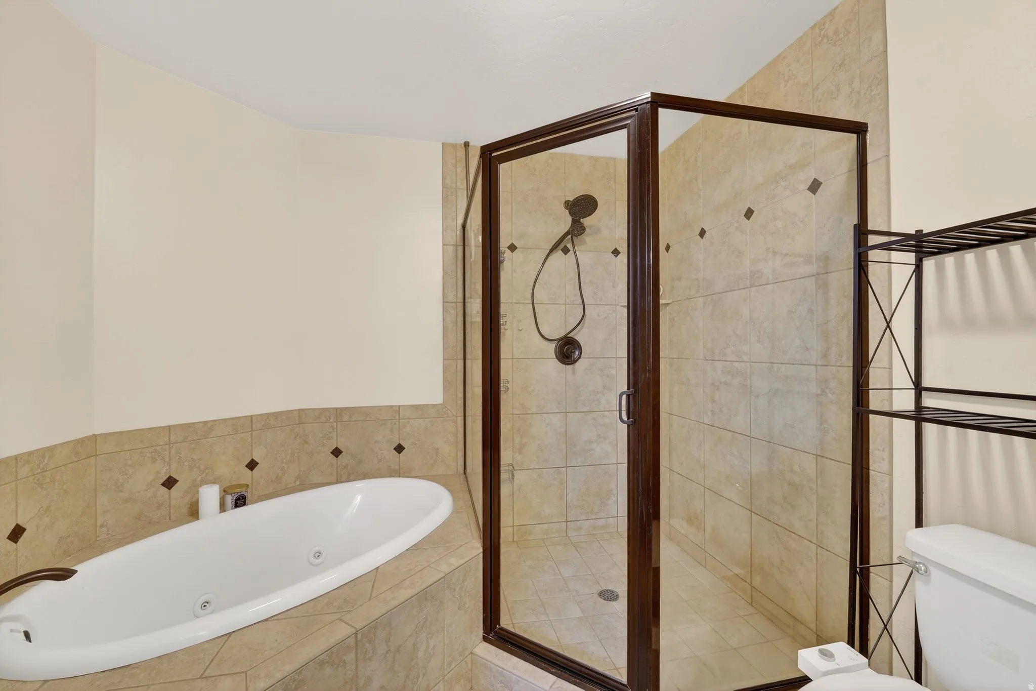 Bathroom with a jetted tub and a stall shower