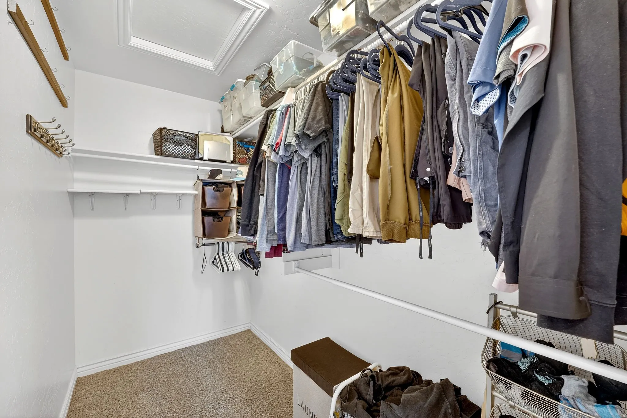Walk in closet with attic access and carpet floors