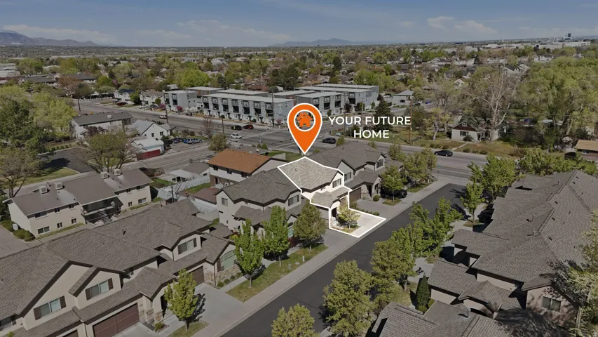 Aerial perspective of suburban area featuring mountains