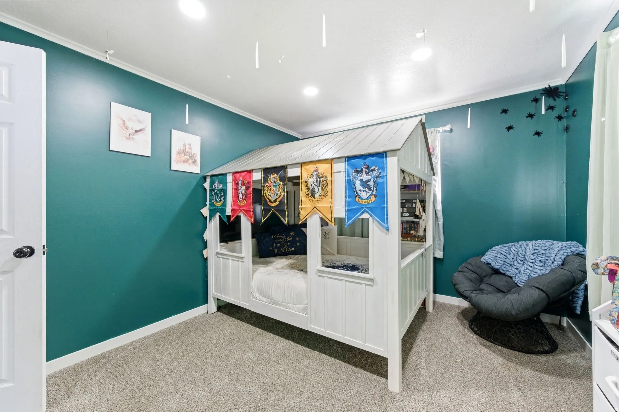 Bedroom with crown molding, light carpet, and recessed lighting