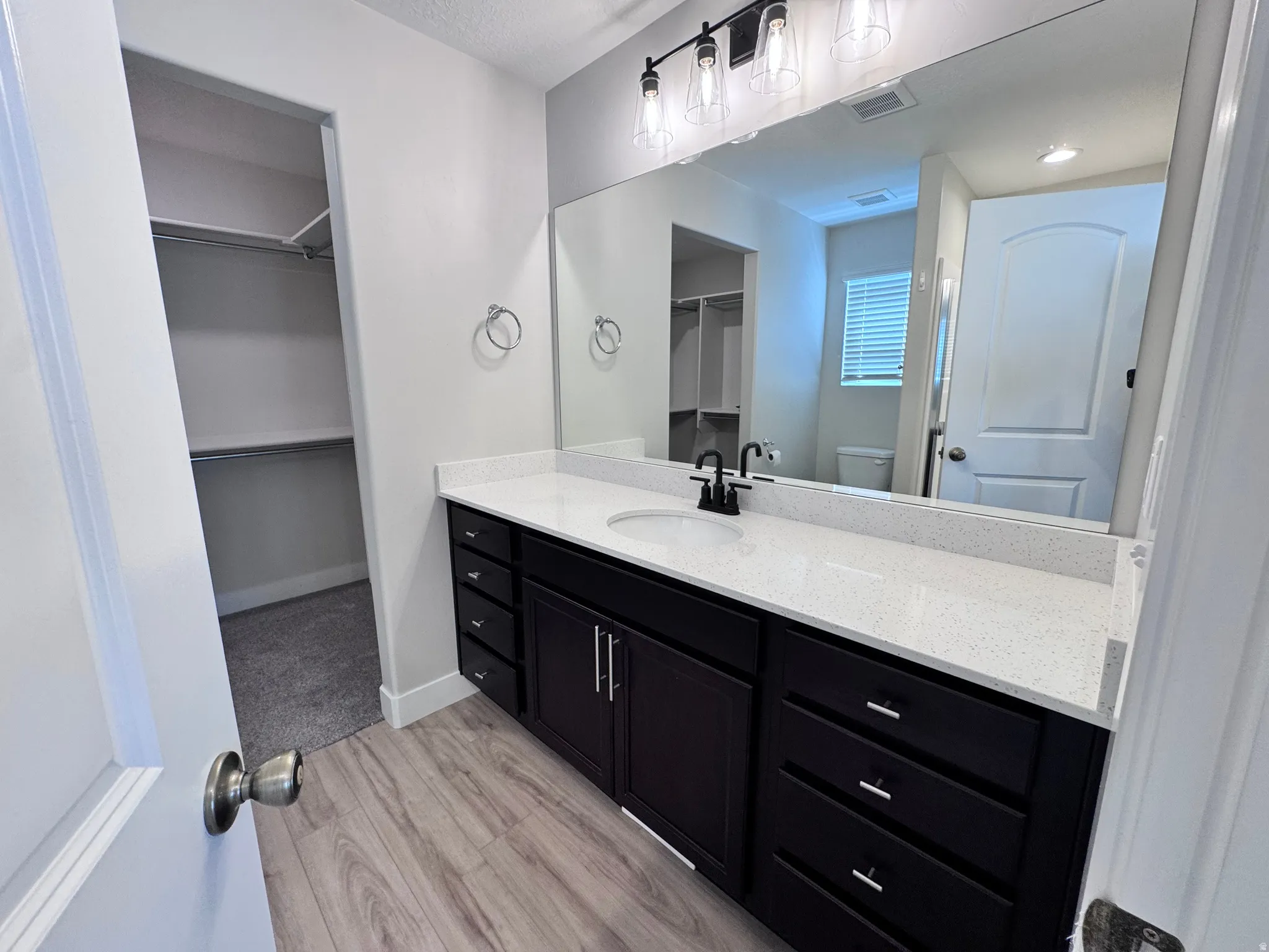 Full bathroom with a spacious closet, vanity, and light wood-style flooring