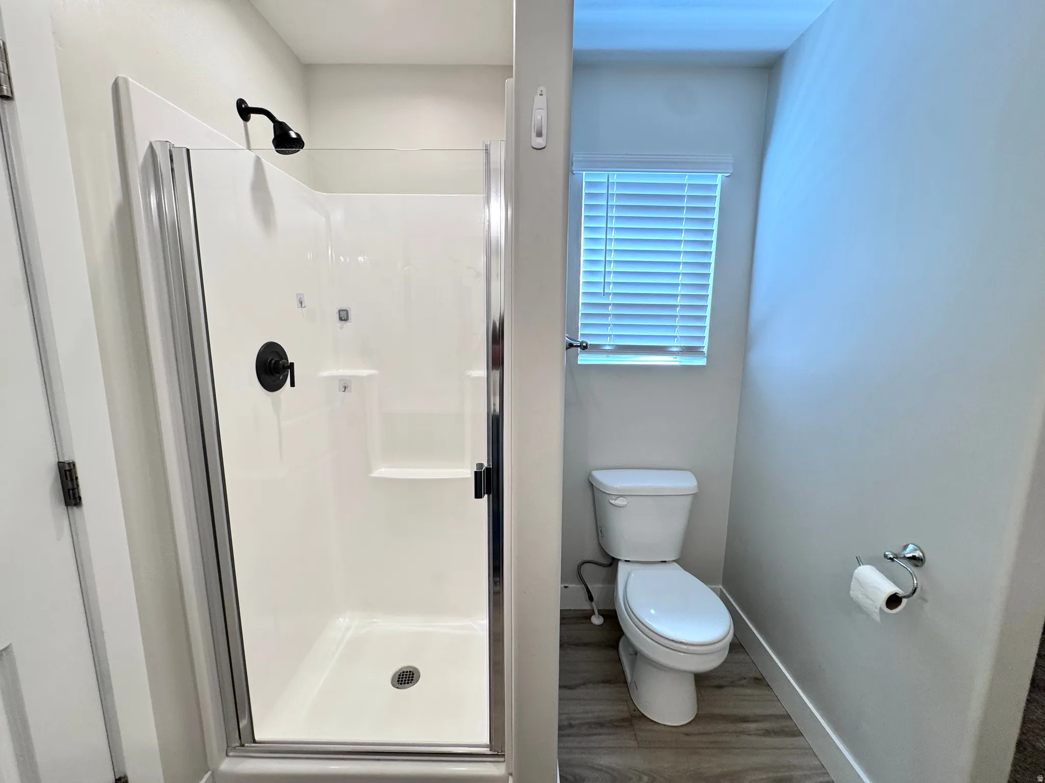 Bathroom with a shower stall and dark wood-style flooring