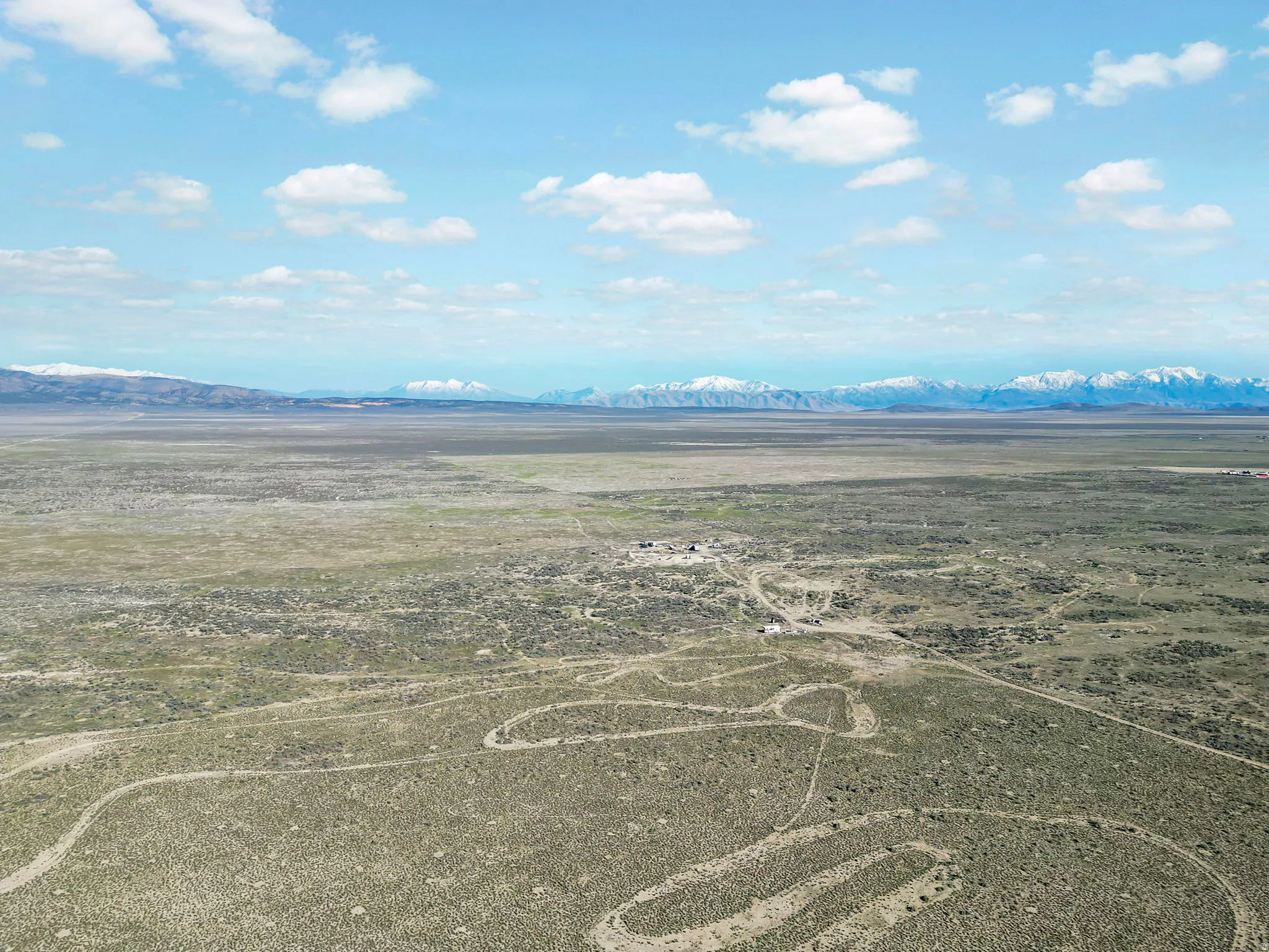 Expansive desert landscape with natural vegetation and distant snow-capped mountains
