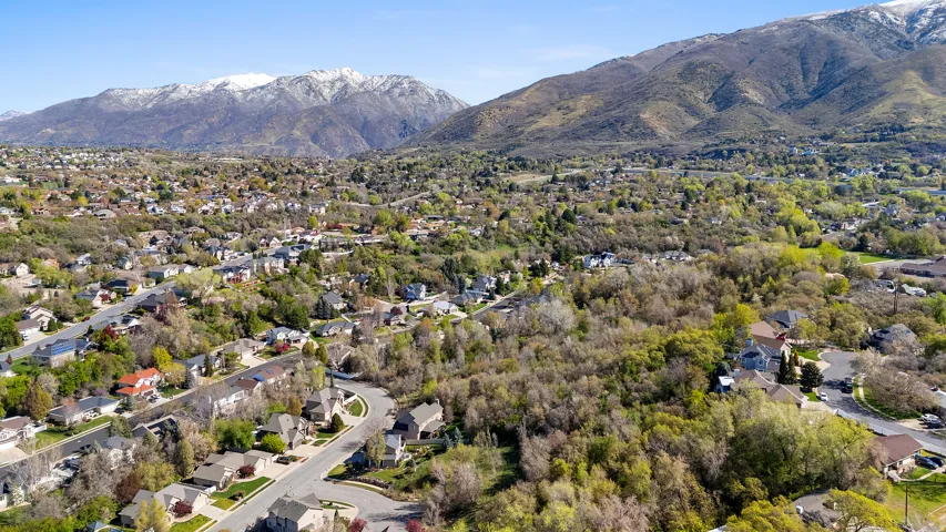 Aerial perspective of suburban area featuring mountains