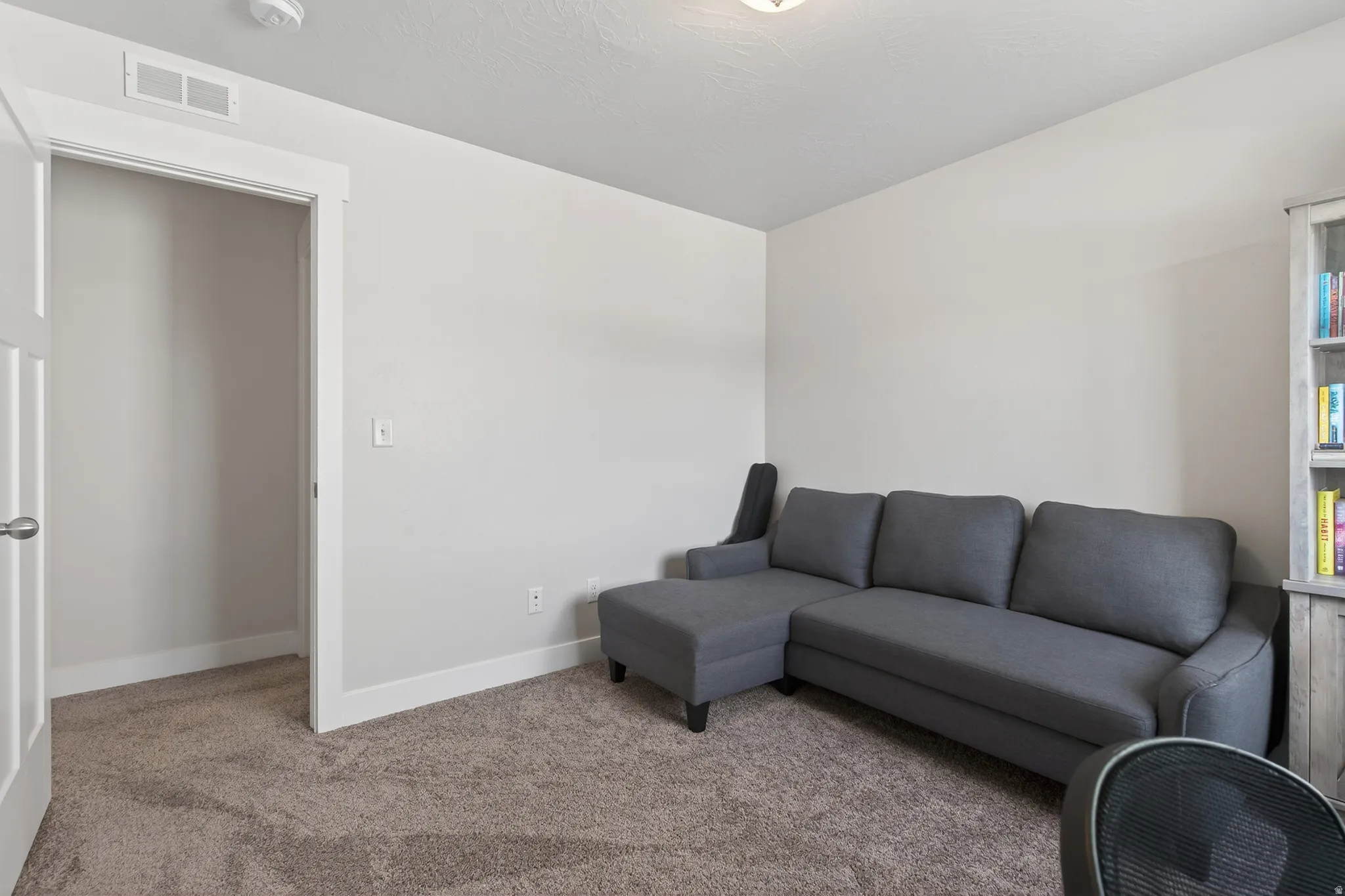 Living room with light colored carpet and baseboards