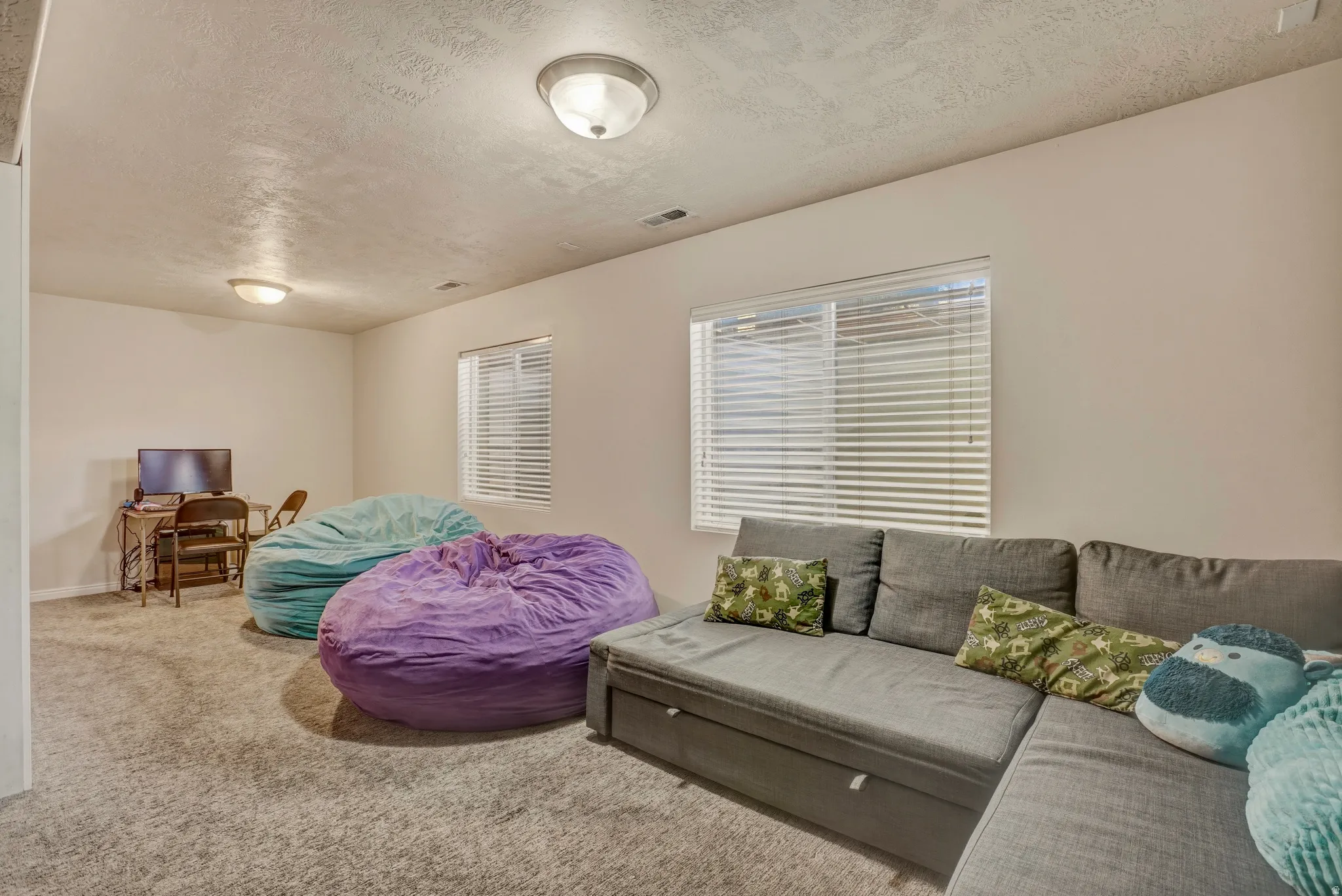 Carpeted living area with a textured ceiling