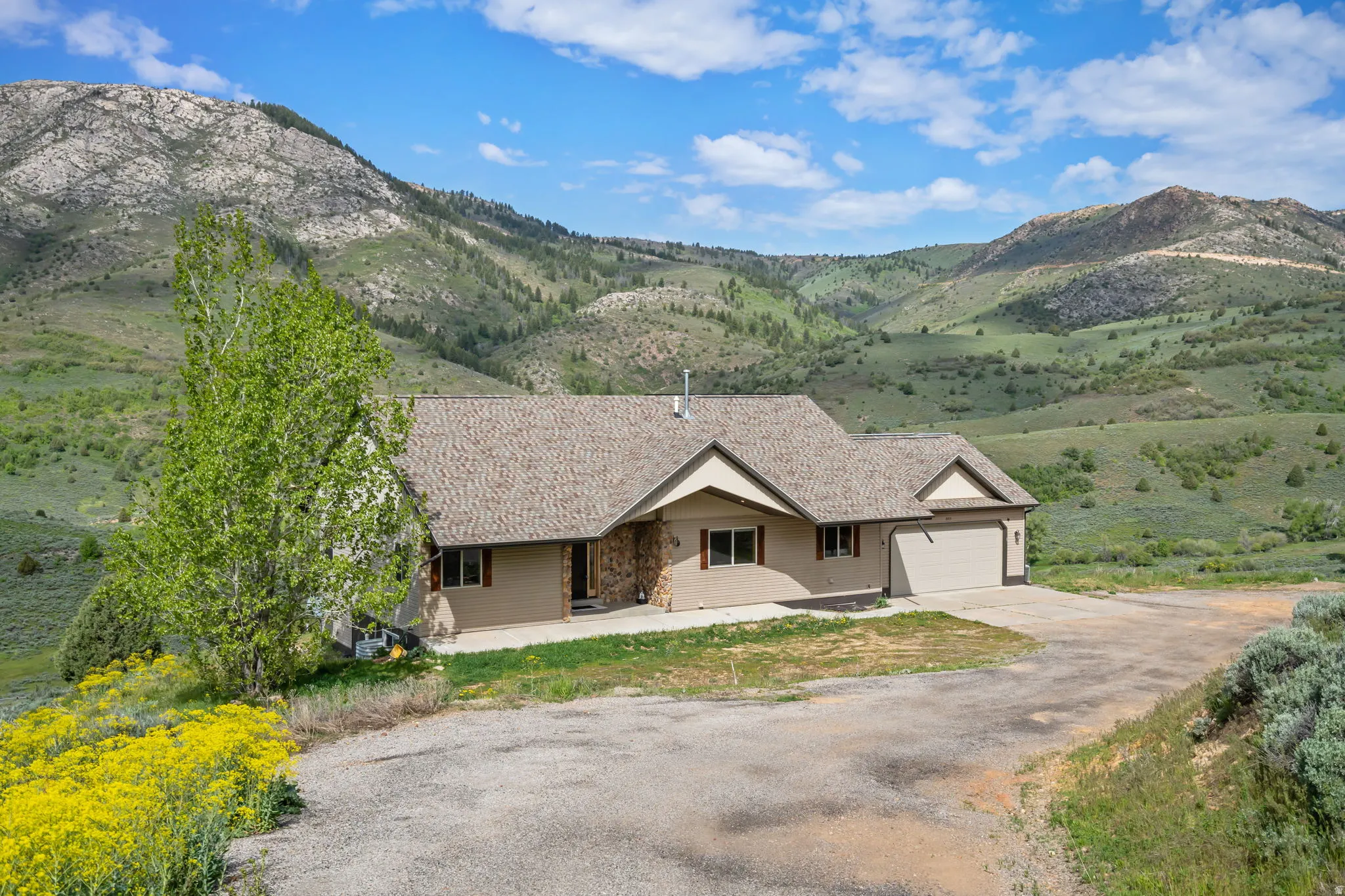 View of front of house featuring driveway, a mountain view, and an attached garage