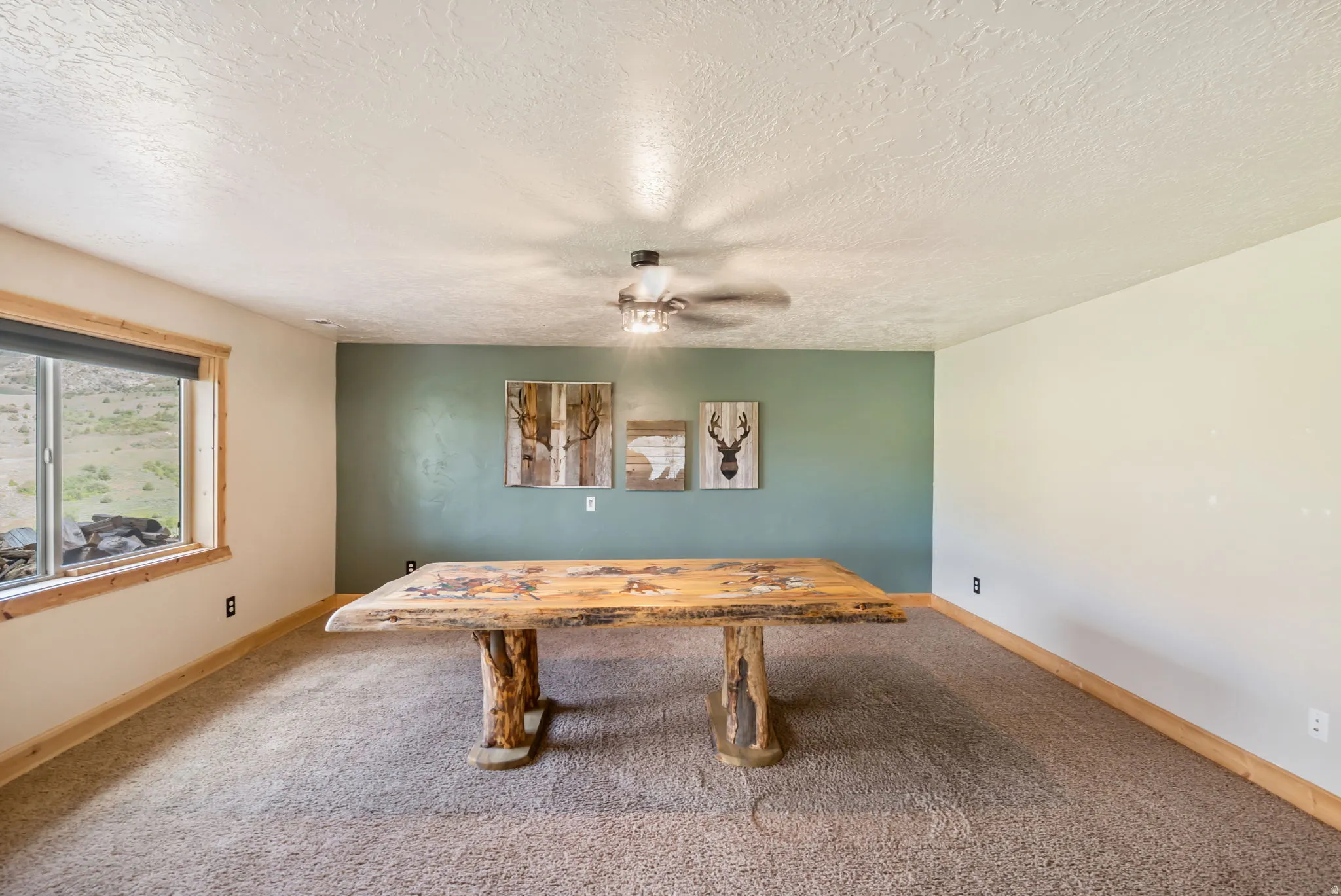 Recreation room featuring carpet, a ceiling fan, and a textured ceiling
