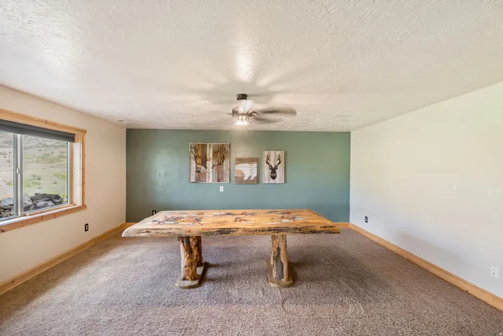 Recreation room featuring carpet, a ceiling fan, and a textured ceiling